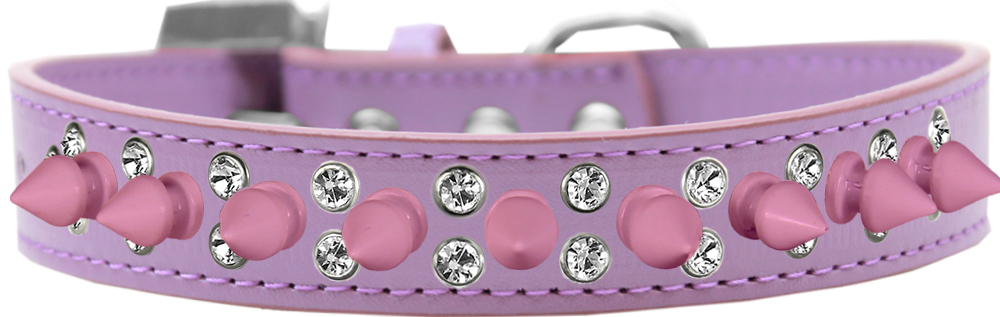 Double Crystal and Light Pink Spikes Dog Collar Lavender Size 16